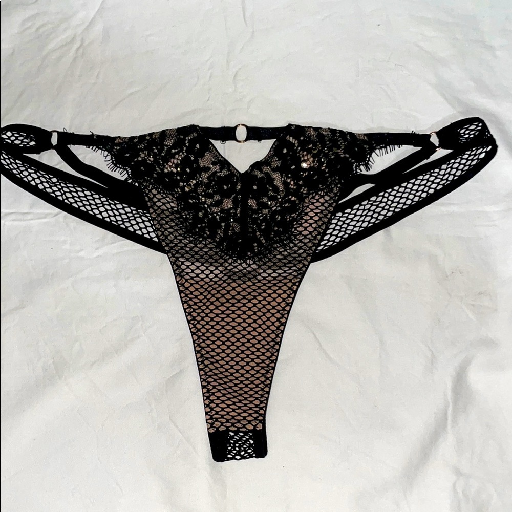 Victoria secret-Black Lace Fishnet Thong with rhinestone